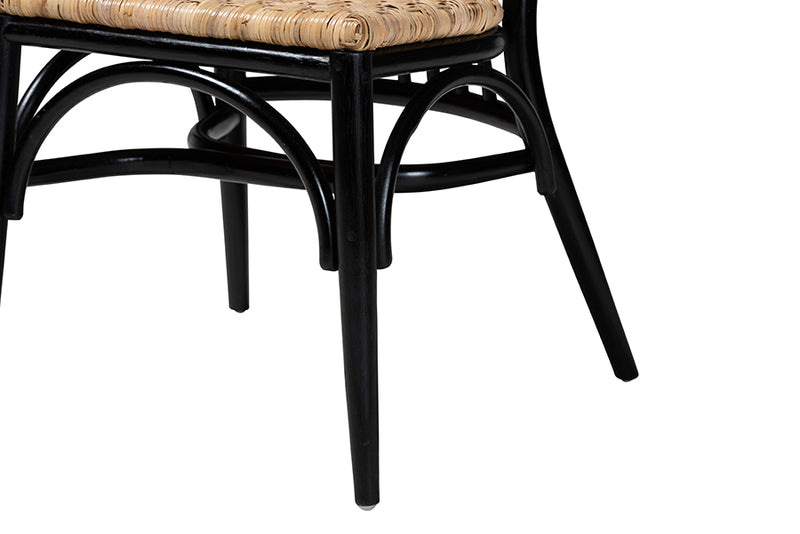 Felice Mid-Century Modern Two-Tone Black and Walnut Brown Finished Mahogany Wood and Natural Rattan Dining Chair