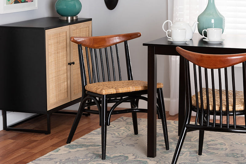 Felice Two-Tone Black and Walnut Brown Natural Rattan Dining Chair Baxton