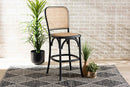 Brandon Brown Woven Rattan and Black Wood Cane Counter Stool Baxton