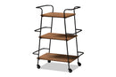 Marielle Black Metal and Walnut 3-Tier Small Mobile Wine Bar Cart Baxton