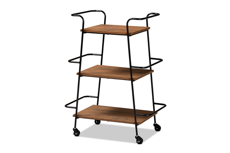 Marielle Rustic Industrial Black Metal and Walnut Finished Wood 3-Tier Small Mobile Wine Bar Cart