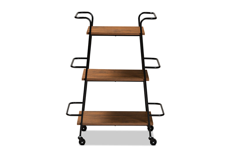 Marielle Rustic Industrial Black Metal and Walnut Finished Wood 3-Tier Small Mobile Wine Bar Cart