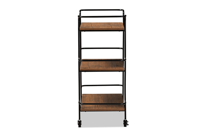 Marielle Rustic Industrial Black Metal and Walnut Finished Wood 3-Tier Small Mobile Wine Bar Cart