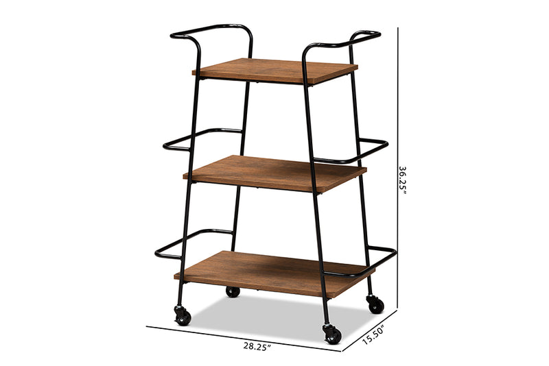 Marielle Rustic Industrial Black Metal and Walnut Finished Wood 3-Tier Small Mobile Wine Bar Cart