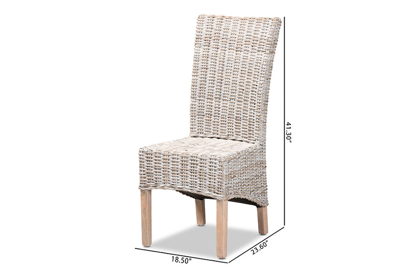 Veronique Rustic Transitional Whitewashed Rattan and Natural Brown Finished Wood Dining Chair