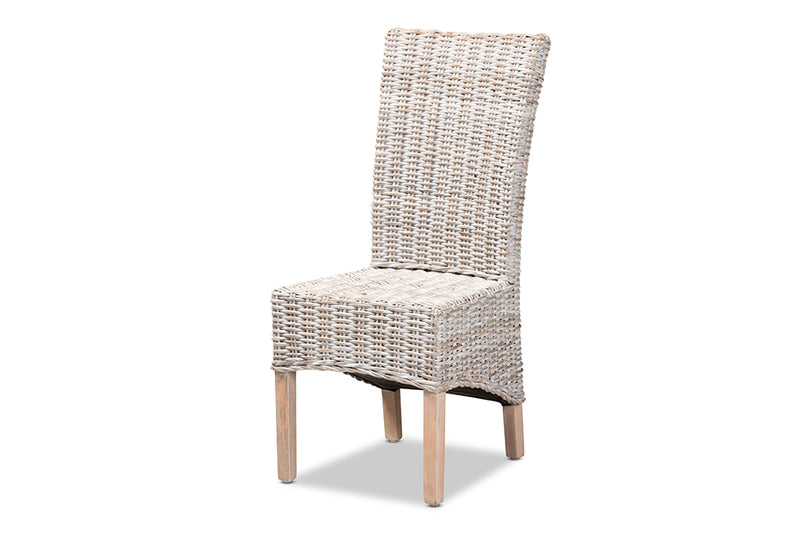 Veronique Rustic Transitional Whitewashed Rattan and Natural Brown Finished Wood Dining Chair