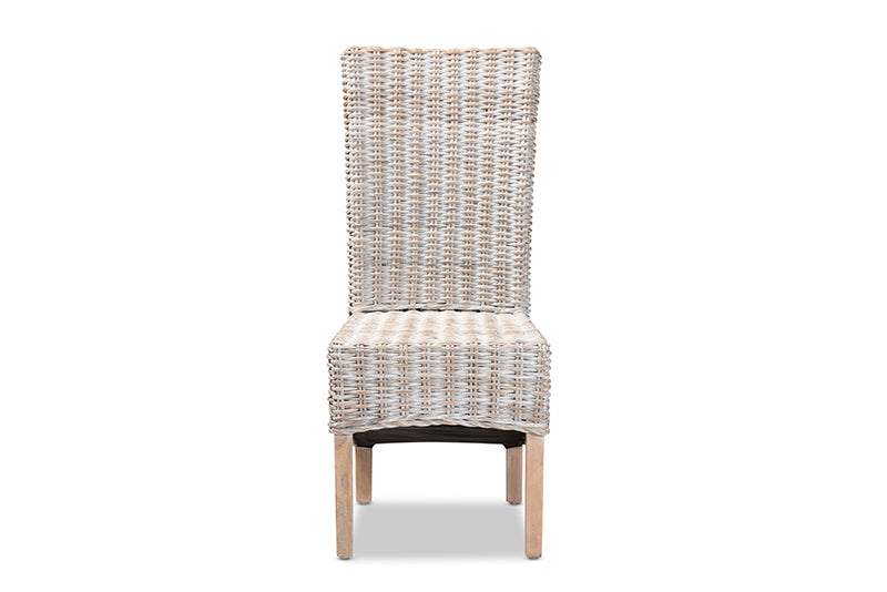 Veronique Rustic Transitional Whitewashed Rattan and Natural Brown Finished Wood Dining Chair