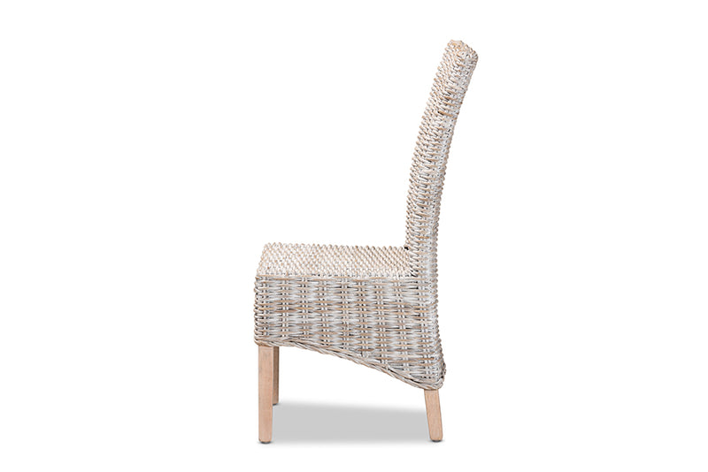 Veronique Rustic Transitional Whitewashed Rattan and Natural Brown Finished Wood Dining Chair