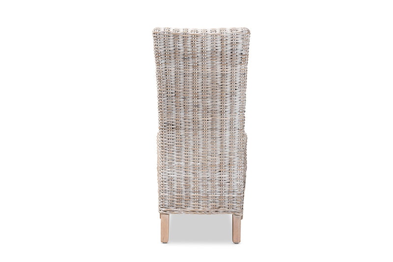 Veronique Rustic Transitional Whitewashed Rattan and Natural Brown Finished Wood Dining Chair