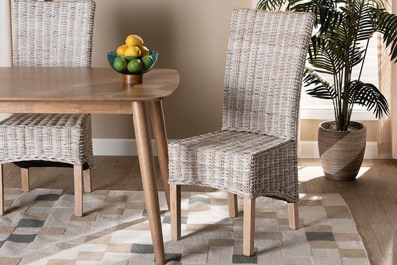 Veronique Rustic Transitional Whitewashed Rattan and Natural Brown Finished Wood Dining Chair