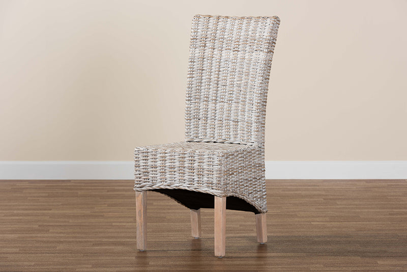 Veronique Rustic Transitional Whitewashed Rattan and Natural Brown Finished Wood Dining Chair