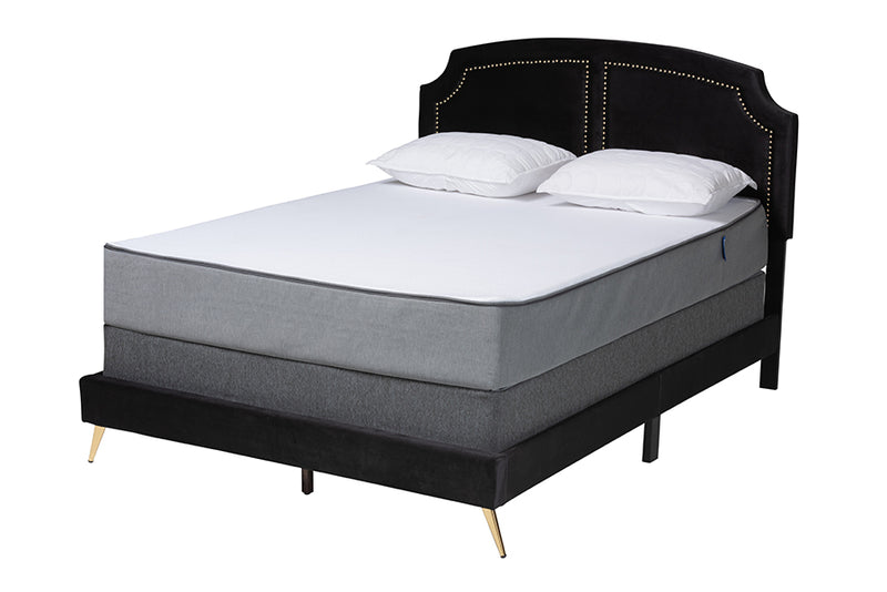 Natasha Traditional Glam and Luxe Black Velvet and Gold Metal Queen Size Panel Bed