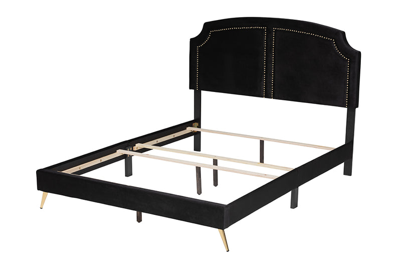 Natasha Traditional Glam and Luxe Black Velvet and Gold Metal Queen Size Panel Bed