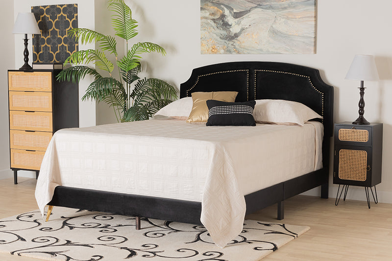 Natasha Traditional Glam and Luxe Black Velvet and Gold Metal Queen Size Panel Bed