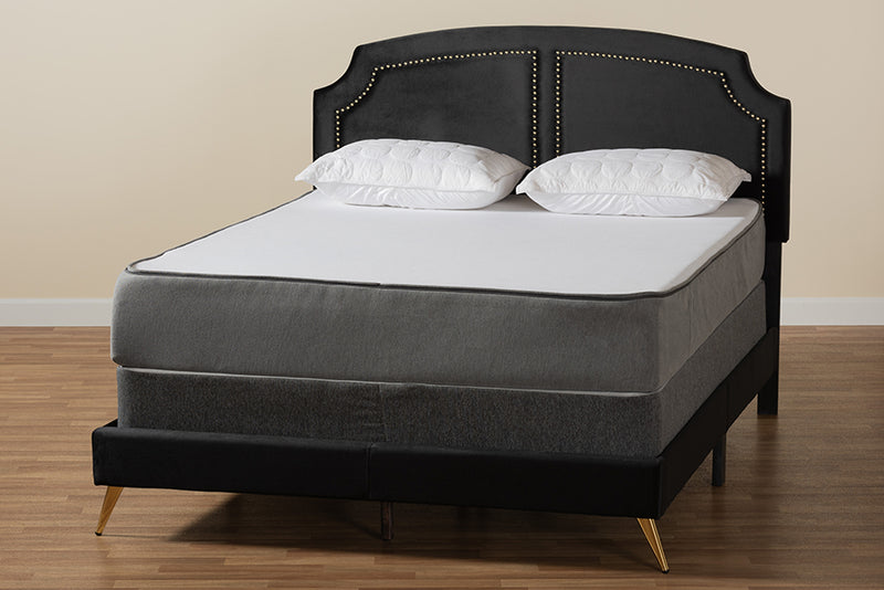 Natasha Traditional Glam and Luxe Black Velvet and Gold Metal Queen Size Panel Bed