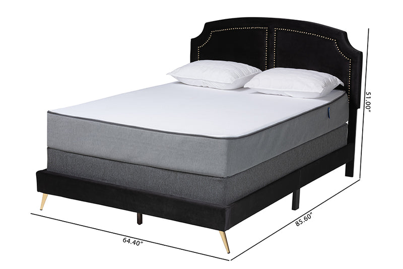 Natasha Traditional Glam and Luxe Black Velvet and Gold Metal Queen Size Panel Bed