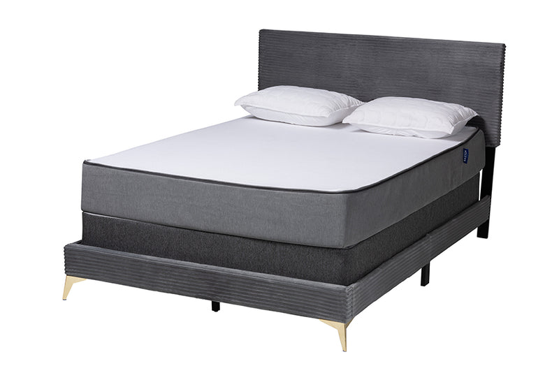 Baara Modern and Contemporary Gray Velvet and Gold Metal Queen Size Panel Bed