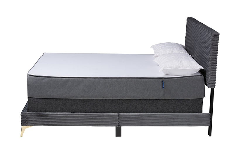 Baara Modern and Contemporary Gray Velvet and Gold Metal Queen Size Panel Bed