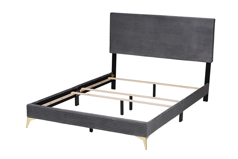 Baara Modern and Contemporary Gray Velvet and Gold Metal Queen Size Panel Bed
