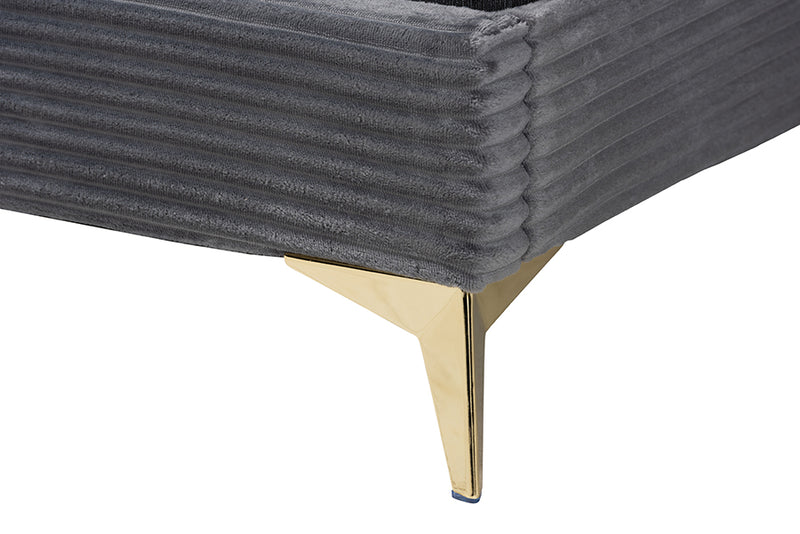 Baara Modern and Contemporary Gray Velvet and Gold Metal Queen Size Panel Bed