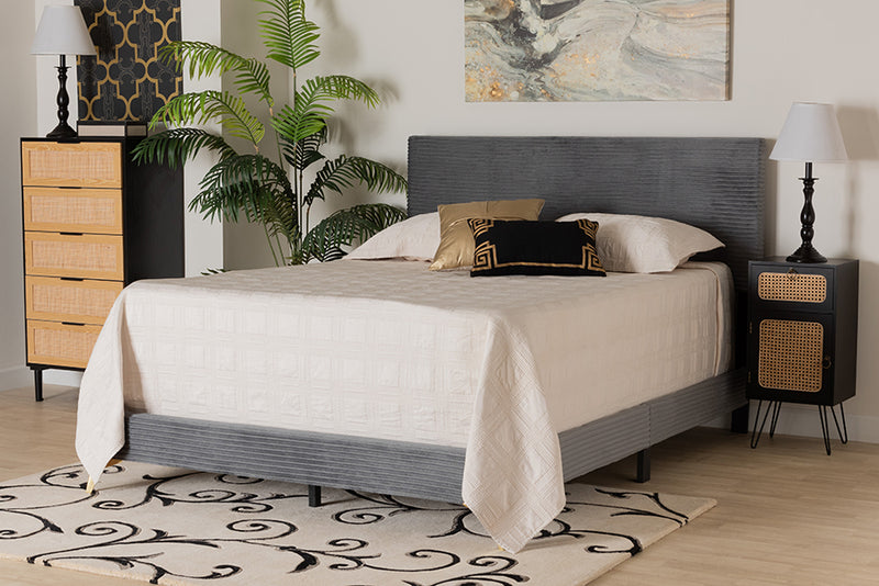 Baara Modern and Contemporary Gray Velvet and Gold Metal Queen Size Panel Bed