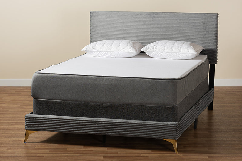 Baara Modern and Contemporary Gray Velvet and Gold Metal Queen Size Panel Bed