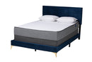 Baara Navy Blue Velvet and Gold Metal Queen Size Panel Bed Baxton