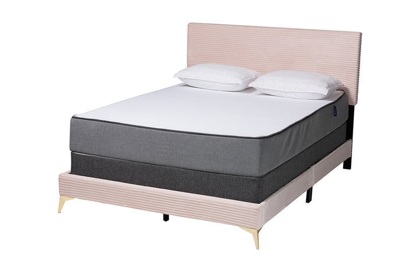 Baara Modern and Contemporary Light Pink Velvet and Gold Metal Queen Size Panel Bed