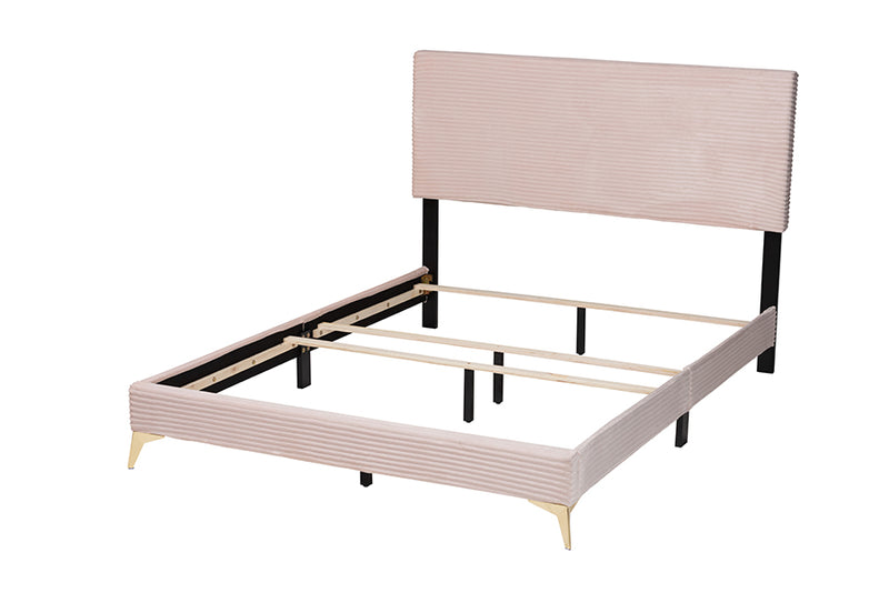 Baara Modern and Contemporary Light Pink Velvet and Gold Metal Queen Size Panel Bed