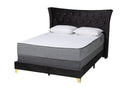 Leanora Black Velvet and Gold Metal Queen Size Panel Bed Baxton