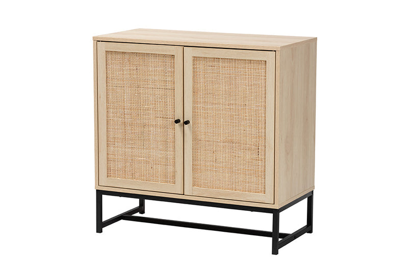 Valda Natural Brown and Natural Rattan 2-Door Storage Cabinet Baxton