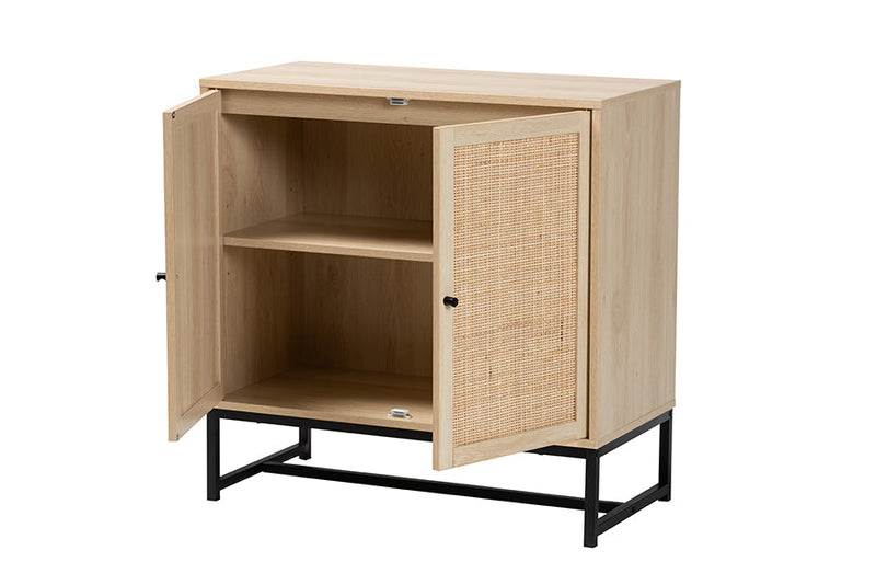 Valda Natural Brown and Natural Rattan 2-Door Storage Cabinet Baxton