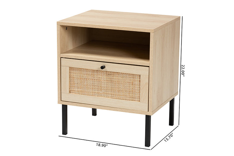Valda Natural Brown and Natural Rattan 1-Door End Table Baxton