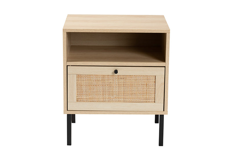 Valda Natural Brown and Natural Rattan 1-Door End Table Baxton