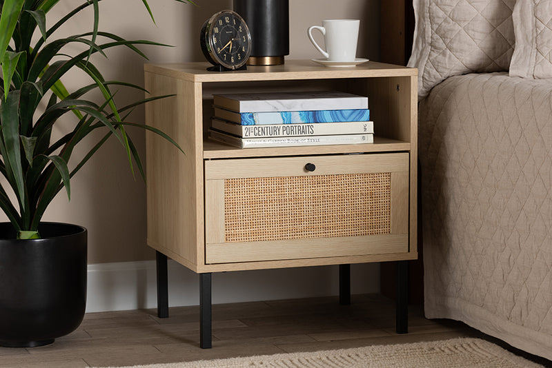 Valda Mid-Century Natural Brown Finished Wood and Natural Rattan 1-Door End Table