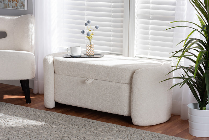 Gemma Modern and Contemporary Ivory Boucle Upholstered Storage Bench