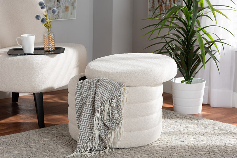 Parcenet Modern and Contemporary Ivory Boucle Upholstered Storage Ottoman