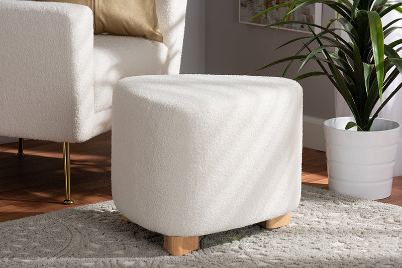 Bedivere Modern and Contemporary Ivory Boucle Upholstered and Natural Brown Finished Wood Ottoman