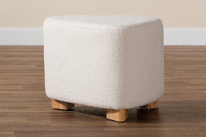 Bedivere Modern and Contemporary Ivory Boucle Upholstered and Natural Brown Finished Wood Ottoman