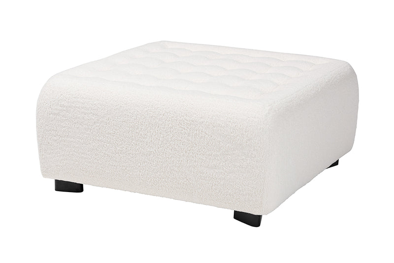 Paiva Modern and Contemporary Ivory Boucle Upholstered and Black Finished Wood Square Ottoman