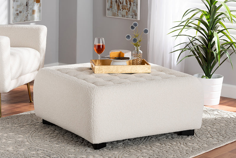 Paiva Modern and Contemporary Ivory Boucle Upholstered and Black Finished Wood Square Ottoman