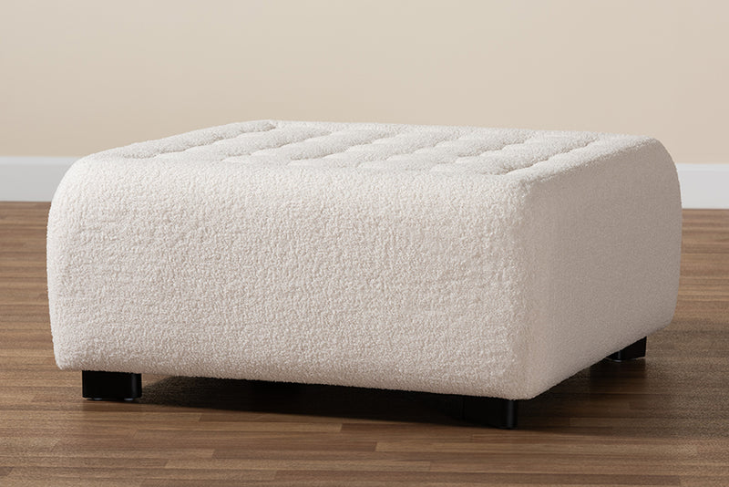 Paiva Modern and Contemporary Ivory Boucle Upholstered and Black Finished Wood Square Ottoman