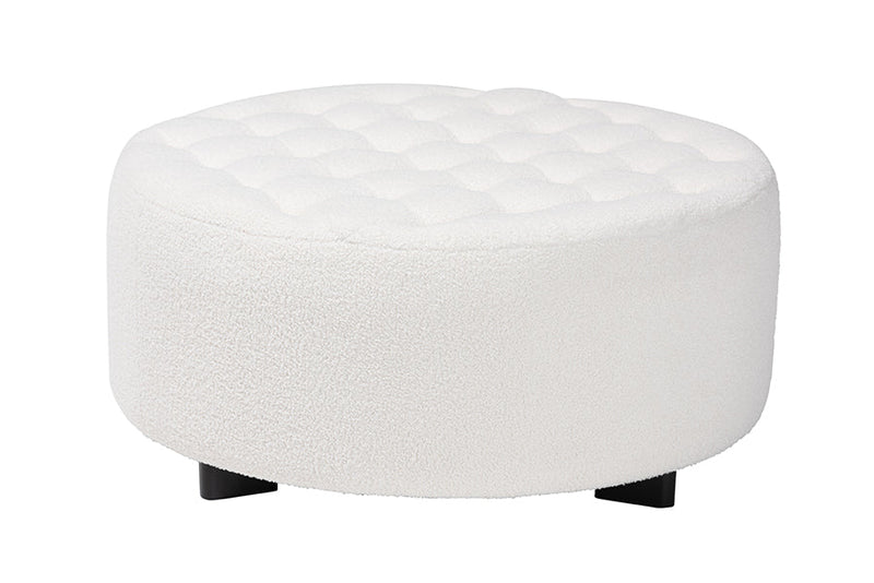 Paiva Ivory Boucle Upholstered and Black Round Ottoman Baxton