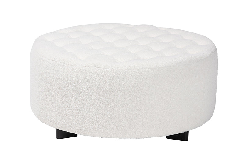 Paiva Modern and Contemporary Ivory Boucle Upholstered and Black Finished Wood Round Ottoman