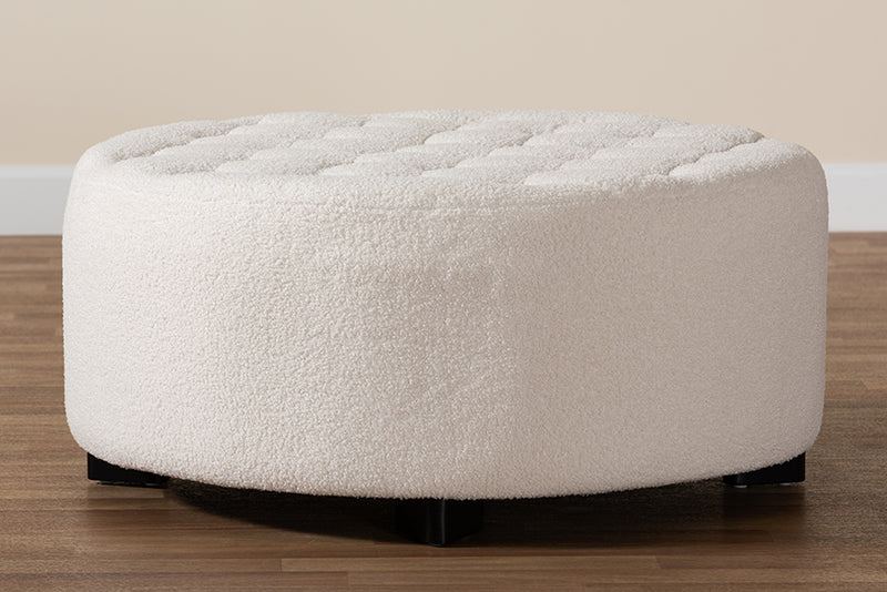 Paiva Modern and Contemporary Ivory Boucle Upholstered and Black Finished Wood Round Ottoman