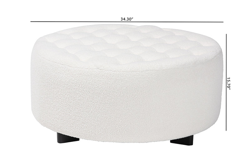 Paiva Modern and Contemporary Ivory Boucle Upholstered and Black Finished Wood Round Ottoman