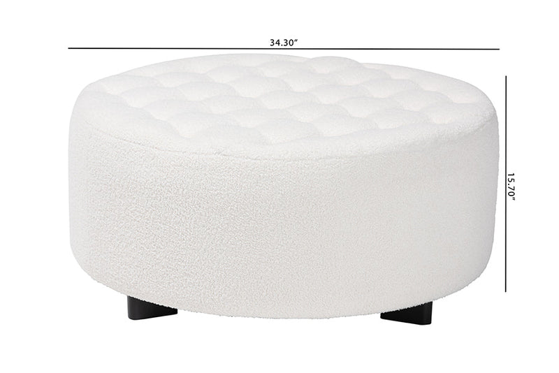 Paiva Ivory Boucle Upholstered and Black Round Ottoman Baxton