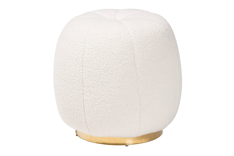 Rune Modern and Contemporary Ivory Boucle Upholstered and Gold Metal Ottoman