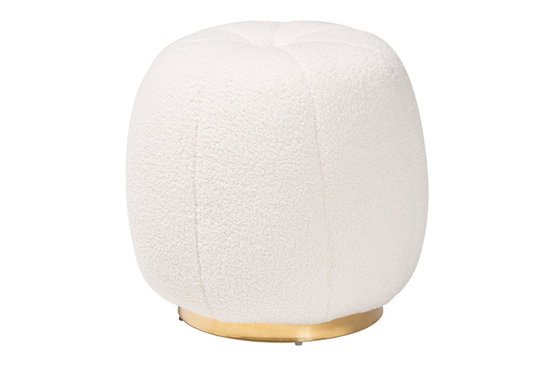 Rune Ivory Boucle Upholstered and Gold Metal Ottoman Baxton