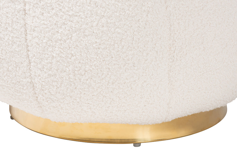 Rune Modern and Contemporary Ivory Boucle Upholstered and Gold Metal Ottoman